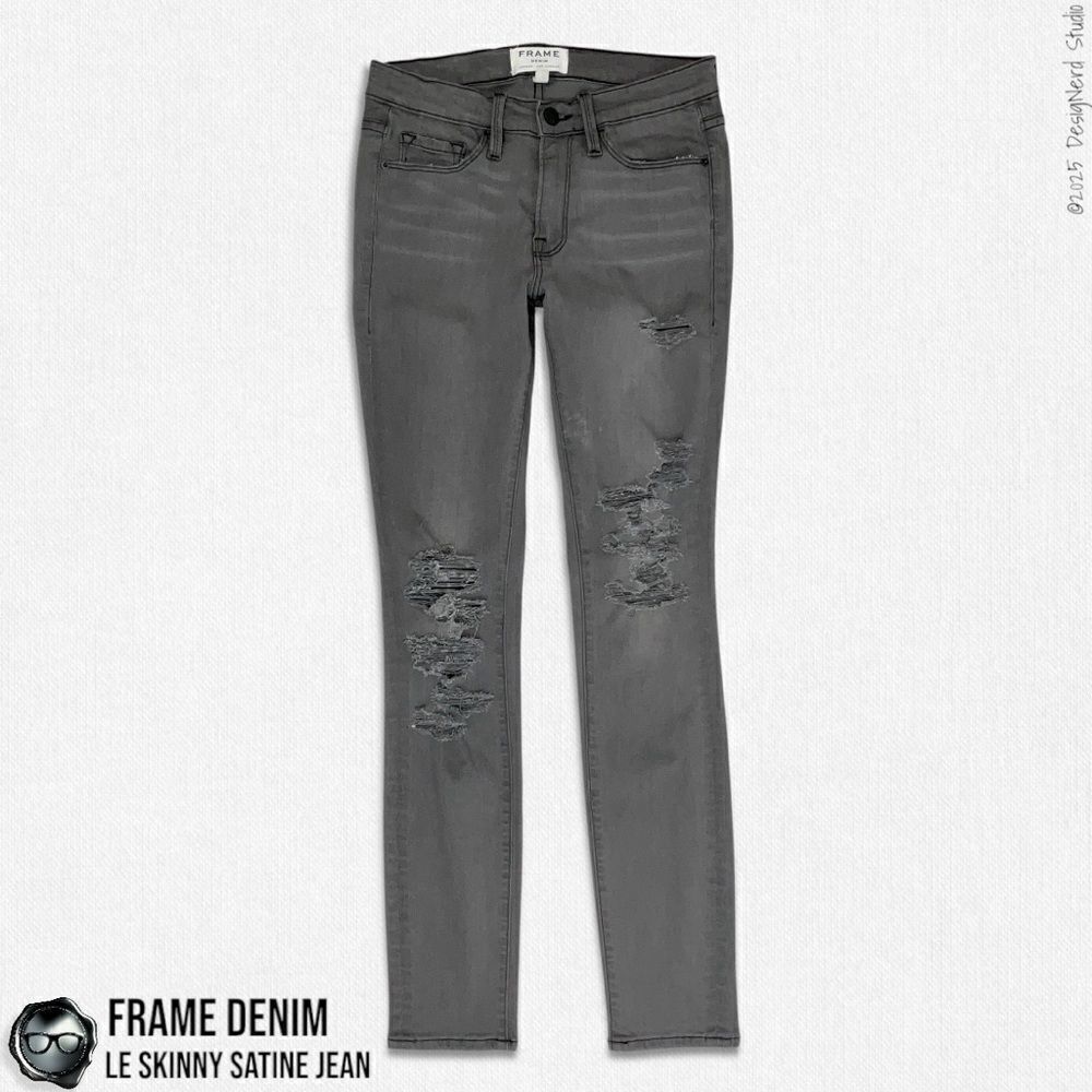 FRAME DENIM LE SKINNY SATINE DESTROYED JEANS IN GREY’S INN DARK GREY SIZE 27
